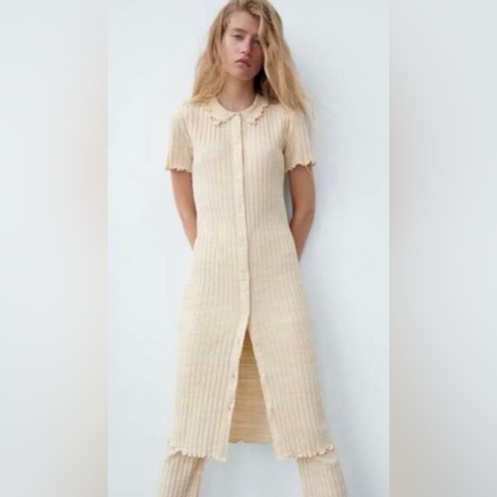 New Zara Elegant Cream Women's Longline Cardigan and Pants Set